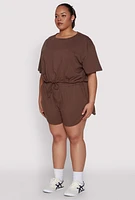 Womens Plus Daisy Drawstring Hem Crop Top, Brown,