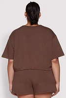 Womens Plus Daisy Drawstring Hem Crop Top, Brown,