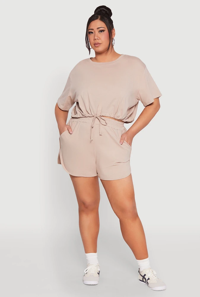 Womens Plus Size Smocked Dolphin Shorts, Khaki, Size 2X