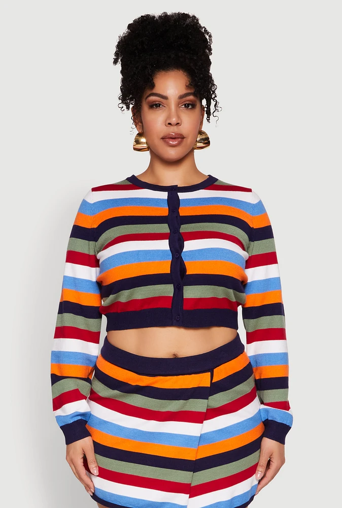 Womens Plus Size Daisy Striped Knit Cropped Cardigan, Multi, Size 2X