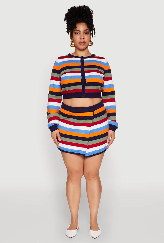 Womens Plus Daisy Striped Knit Asymmetrical Mini Skirt, Multi,