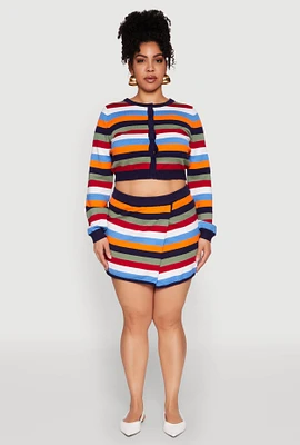 Womens Plus Daisy Striped Knit Asymmetrical Mini Skirt, Multi,