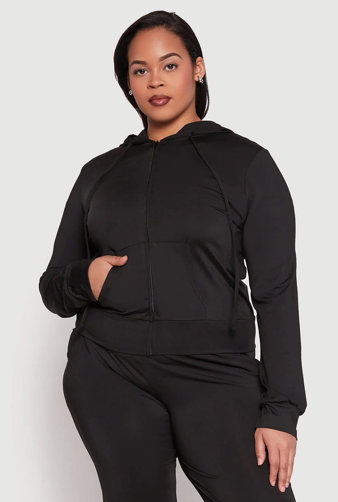 Womens Plus Size Daisy Zip Front Hooded Sweatshirt, Black, Size 3X