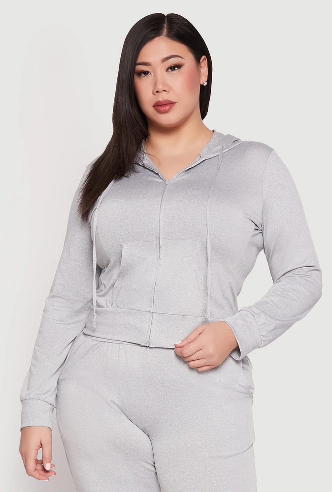 Womens Plus Size Daisy Zip Front Hooded Sweatshirt, Grey, Size 1X