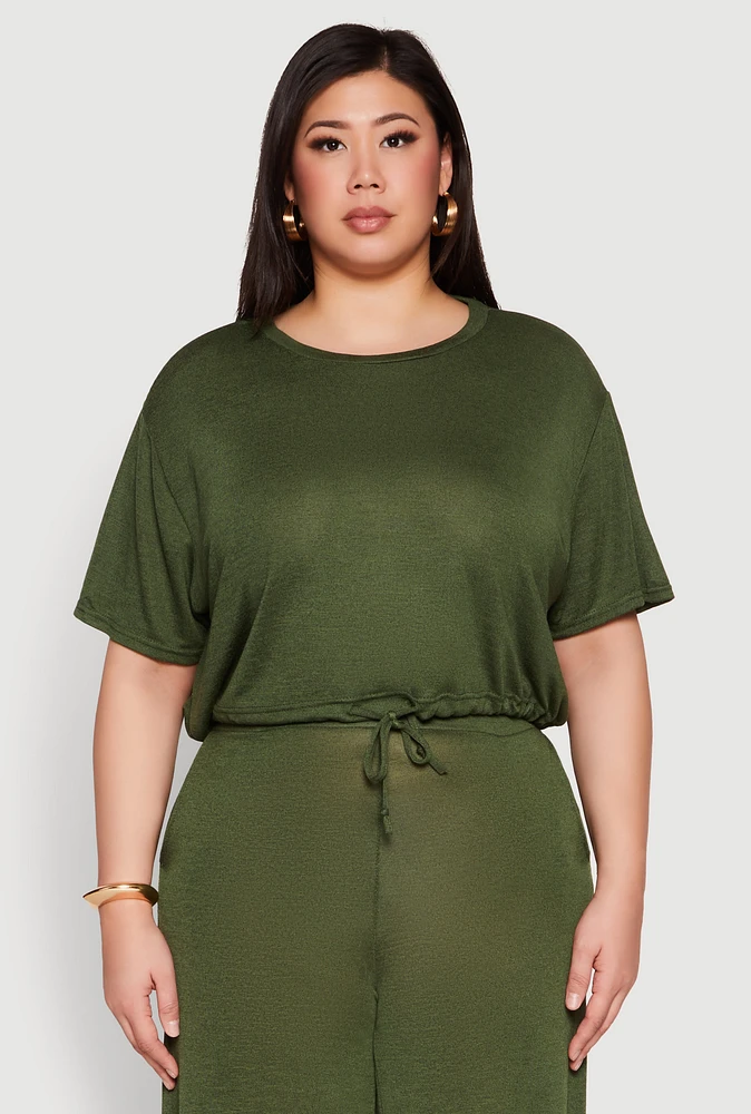Womens Plus Daisy Brushed Knit Drawstring Hem Tee, 3X