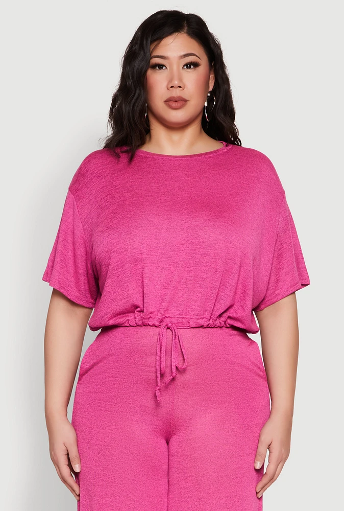 Womens Plus Size Daisy Brushed Knit Drawstring Hem Tee, Pink, Size 3X