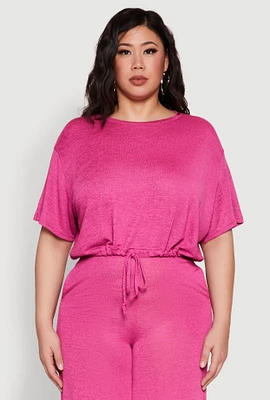 Womens Plus Size Daisy Brushed Knit Drawstring Hem Tee, Pink, Size 3X