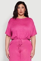 Womens Plus Size Daisy Brushed Knit Drawstring Hem Tee, Pink, Size 3X