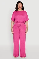 Womens Plus Size Daisy Brushed Knit Drawstring Hem Tee, Pink, Size 3X