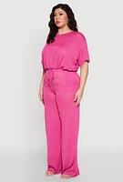 Womens Plus Size Daisy Brushed Knit Drawstring Hem Tee, Pink, Size 3X