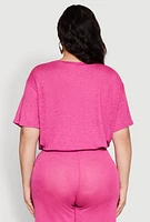 Womens Plus Size Daisy Brushed Knit Drawstring Hem Tee, Pink, Size 3X