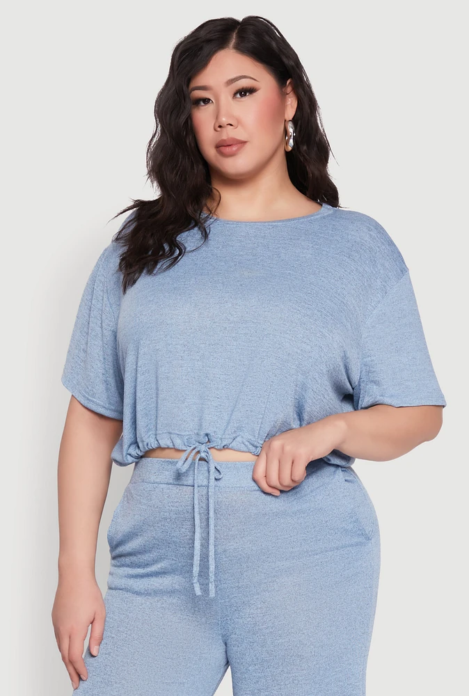 Womens Plus Daisy Brushed Knit Drawstring Hem Tee,