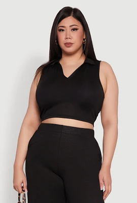 Womens Plus Daisy Sleeveless Cropped Polo Top,
