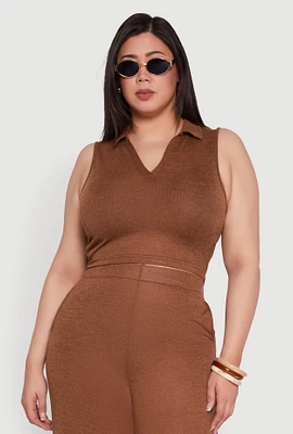 Womens Plus Daisy Sleeveless Cropped Polo Top,