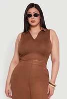 Womens Plus Size Daisy Sleeveless Cropped Polo Top, Brown, Size 1X