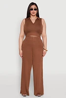 Womens Plus Size Daisy Sleeveless Cropped Polo Top, Brown, Size 1X