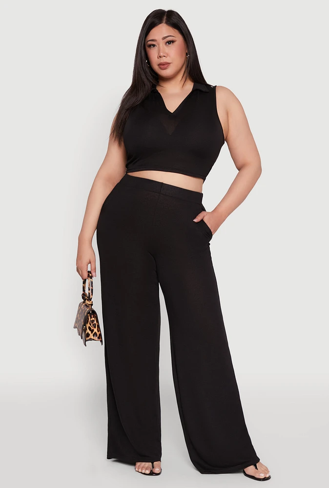 Womens Plus Size Daisy High Waisted Wide Leg Palazzo Pants, Black, Size 2X