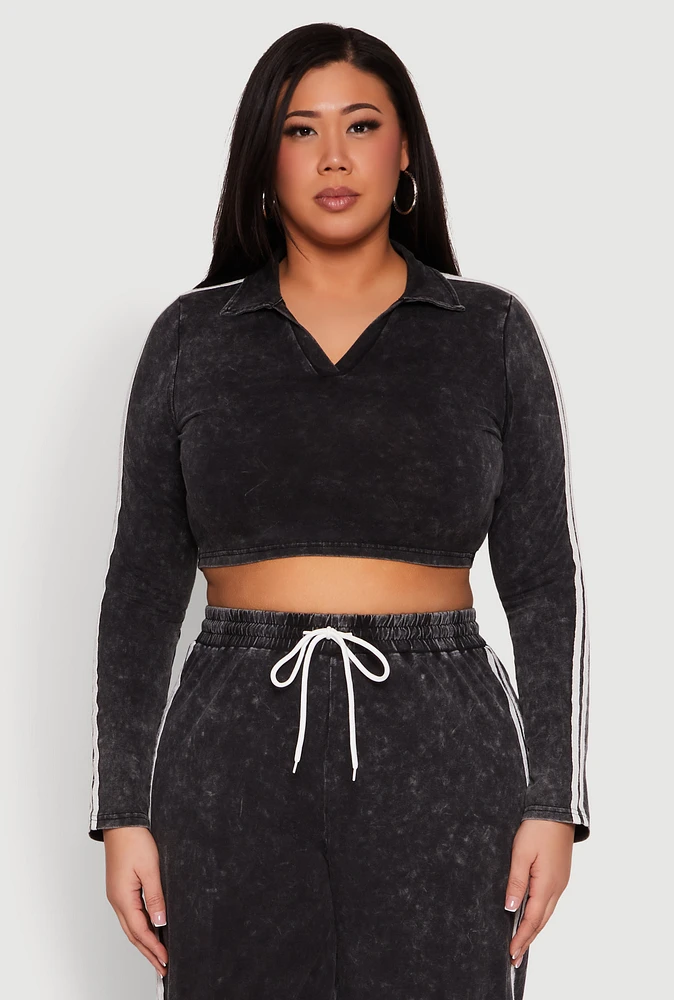 Womens Plus Size Daisy Mineral Wash Varsity Stripe Crop Top, Grey, Size 2X