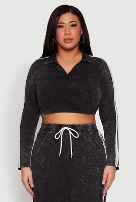 Womens Plus Size Daisy Mineral Wash Varsity Stripe Crop Top, Grey, Size 2X
