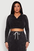 Womens Plus Size Daisy Mineral Wash Varsity Stripe Crop Top, Grey, Size 2X