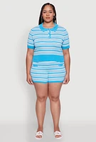 Womens Plus Daisy Striped Cropped Polo Shirt,