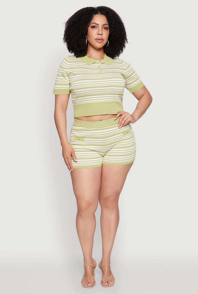 Womens Plus Size Daisy Striped Button Detail Shorts, Green, Size 2X