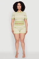 Womens Plus Size Daisy Striped Button Detail Shorts, Green, Size 2X