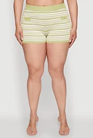 Womens Plus Size Daisy Striped Button Detail Shorts, Green, Size 2X