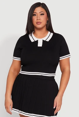 Womens Plus Daisy Varsity Stripe Crop Polo Tee,