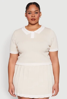 Womens Plus Daisy Varsity Stripe Crop Polo Tee,