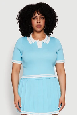 Womens Plus Daisy Varsity Stripe Crop Polo Tee,
