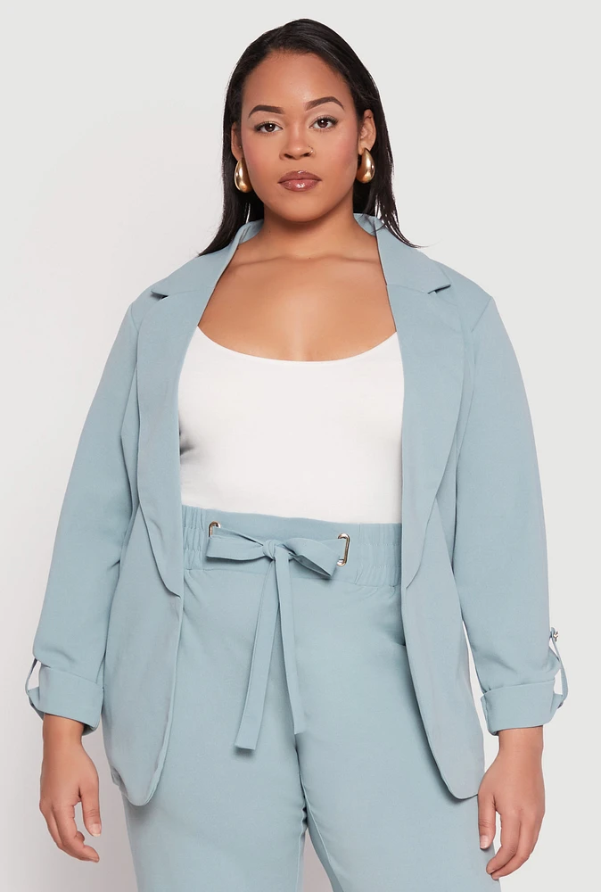 Womens Plus Crepe Knit Tabbed Sleeve Blazer,
