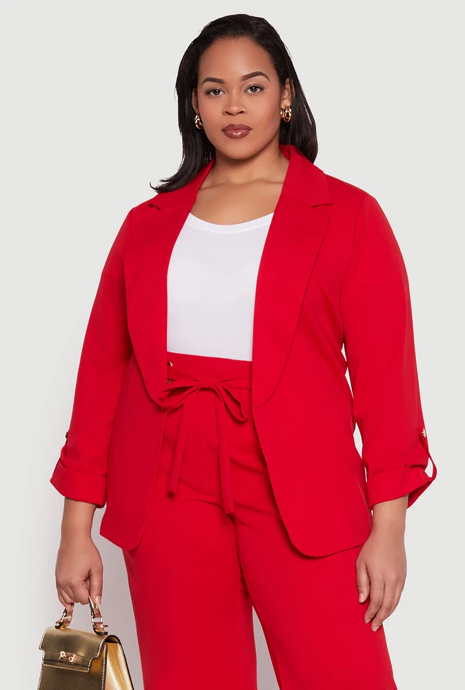 Womens Plus Size Crepe Knit Tabbed Sleeve Blazer, Red, Size 3X