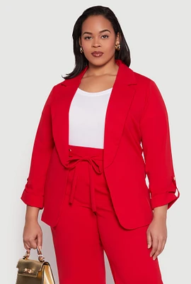 Womens Plus Size Crepe Knit Tabbed Sleeve Blazer, Red, Size 3X