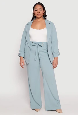 Womens Plus Size Crepe Knit Belted Front Dress Pants, Blue, Size 2X