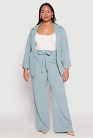 Womens Plus Size Crepe Knit Belted Front Dress Pants, Blue, Size 2X