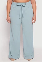 Womens Plus Size Crepe Knit Belted Front Dress Pants, Blue, Size 2X