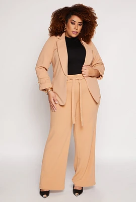 Womens Plus Size Crepe Knit Wide Leg Pants, Khaki, Size 2X