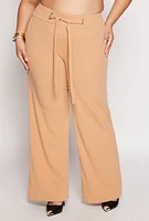 Womens Plus Size Crepe Knit Wide Leg Pants, Khaki, Size 2X
