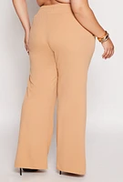 Womens Plus Size Crepe Knit Wide Leg Pants, Khaki, Size 2X
