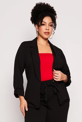 Womens Plus Size Open Front Tabbed Sleeve Blazer, Black, Size 1X