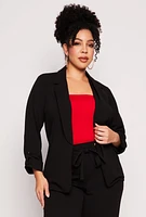Womens Plus Size Open Front Tabbed Sleeve Blazer, Black, Size 1X