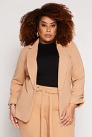 Womens Plus Size Open Front Tabbed Sleeve Blazer, Brown, Size 3X