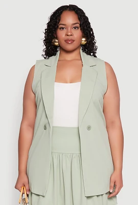 Womens Plus Size Crepe Knit Button Detail Blazer Vest, Green, Size 3X