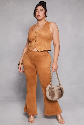 Womens Plus Size Faux Suede Flare Pants, Brown, Size 3X