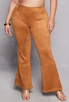 Womens Plus Size Faux Suede Flare Pants, Brown, Size 3X