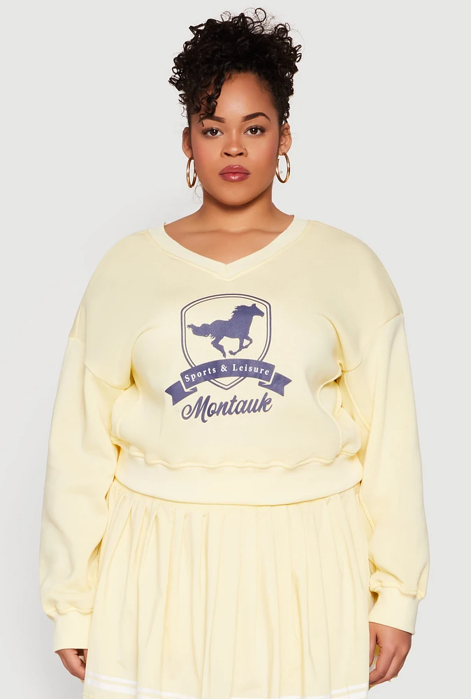 Womens Plus Size V Neck Graphic Sweatshirt, Yellow, Size 3X