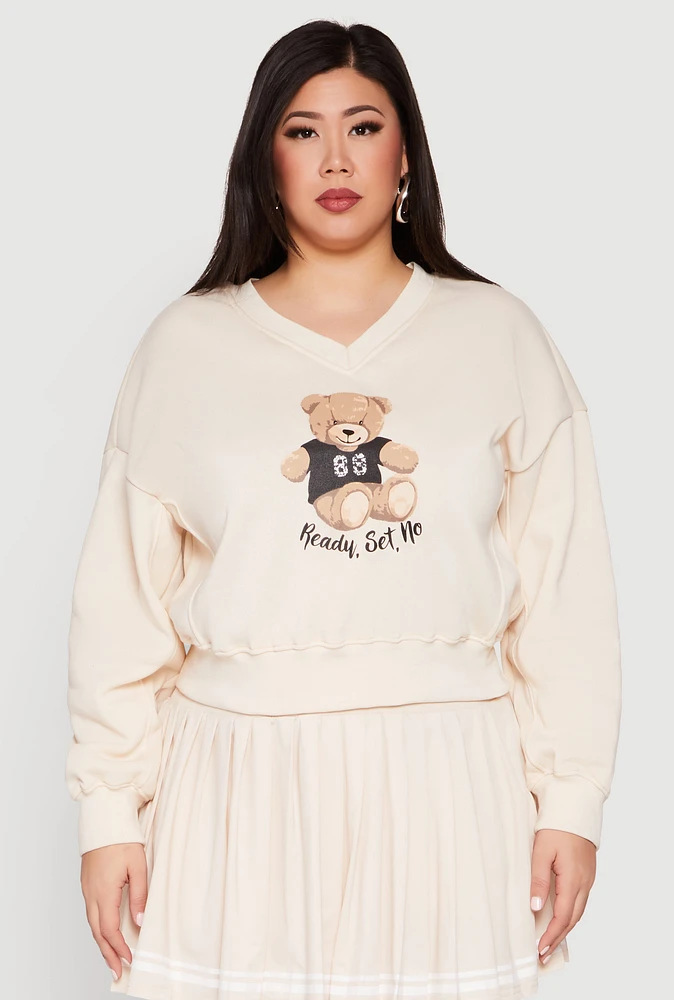 Womens Plus V Neck Graphic Sweatshirt, Beige,