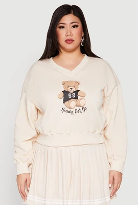 Womens Plus V Neck Graphic Sweatshirt, Beige,