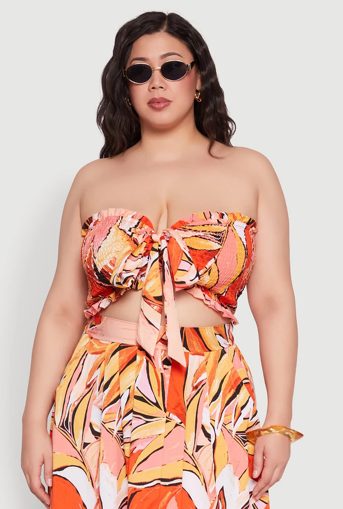 Womens Plus Size Printed Pattern Tie Front Crop Top, Orange, Size 1X